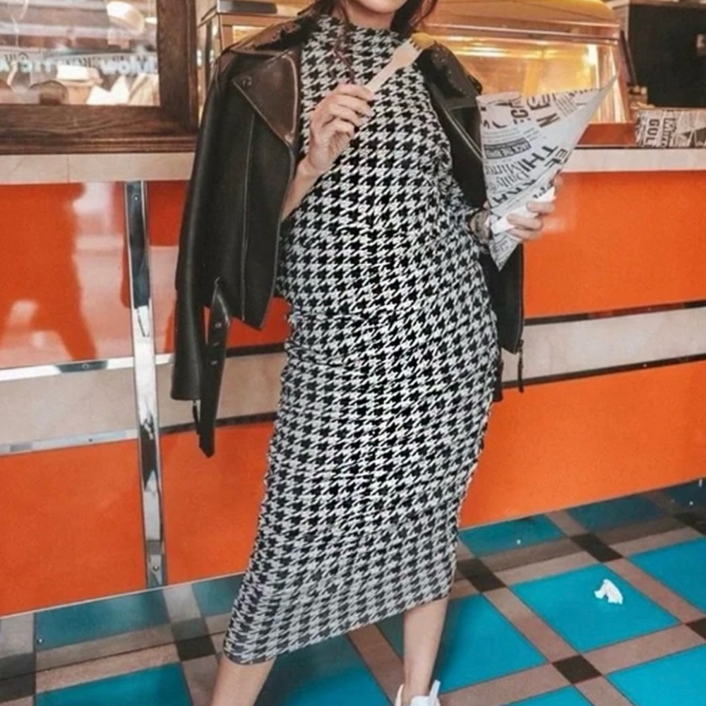 Zara Jacquard Ruched Draped Houndstooth Dress - Picture 7 of 16